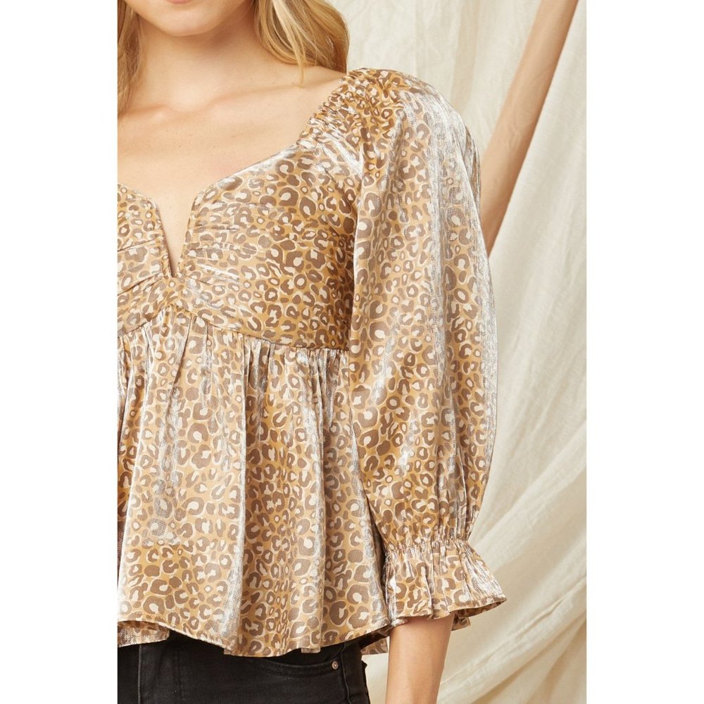 Entro Leopard Iridescent Babydoll Top, Camel - Picture 5 of 6
